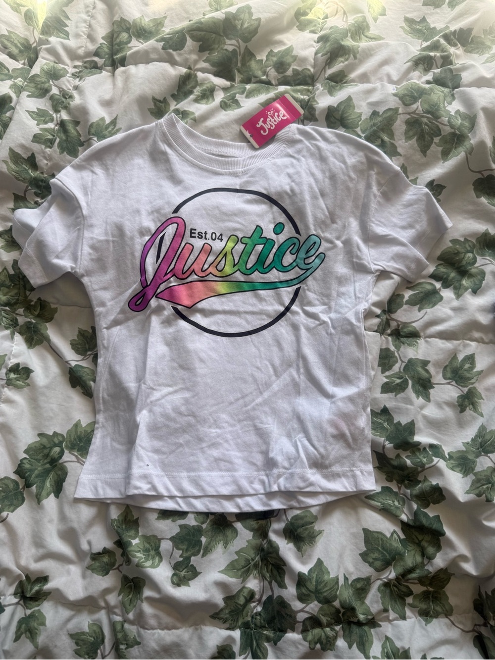 Justice White Tee with Rainbow Script Logo. NWT